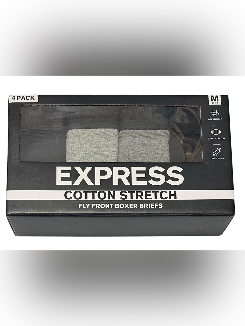 Express 4 Men's Cotton Stretch Fly Front Boxer Briefs MED (32-34) Gray/Black